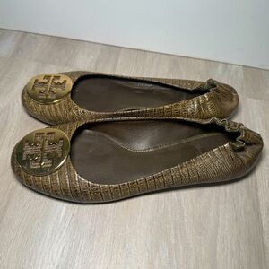 Tory Burch Gold Snakeskin Embossed Leather Reva Logo Ballerina Flats Size 9
